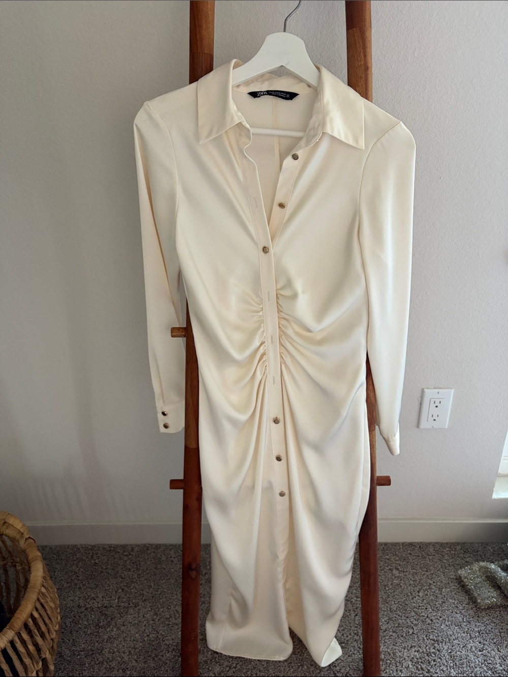 Zara Cream Ruched Button-Front Midi Dress